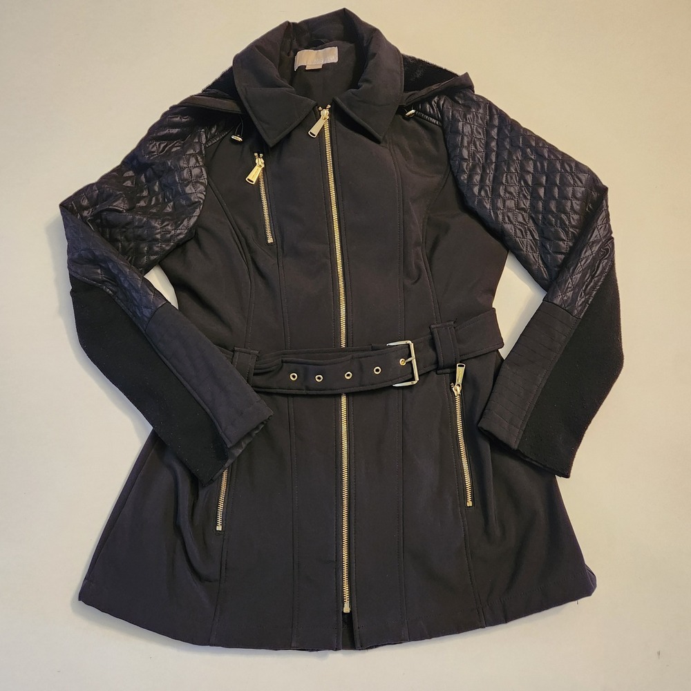 Michael Michael Kors Black Mixed Media Quilted Softshell Belted Hooded Jacket L